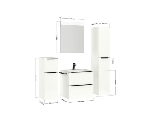 Image d''un ensemble de salle de bains comprenant un meuble sous-lavabo, une armoire de toilette et une armoire haute avec indication des dimensions