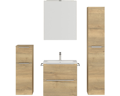 Set de meubles de salle de bains NOBILIA Programm 1 39 lxhxp 140 x 169,1 x 48,7 cm couleur de façade chêne naturel avec meuble à vasque et armoire de toilette à 1 porte avec éclairage LED meuble bas armoire midi barre de prise chrome mat 039