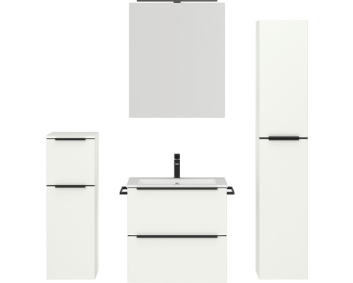 Set de meubles de salle de bains NOBILIA Programm 1 34 lxhxp 140 x 169,1 x 48,7 cm couleur de façade blanc mat avec meuble à vasque et armoire de toilette à 1 porte avec éclairage LED meuble bas armoire midi barre de prise noir 034