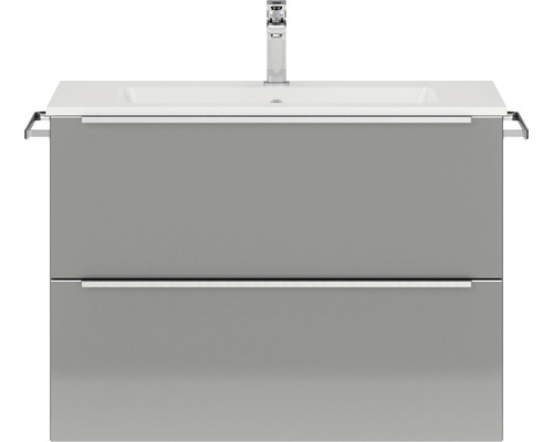 Badmöbel-Set NOBILIA Programm 1 BxHxT 81 x 59,1 x 48,7 cm Frontfarbe grau hochglanz mit Möbel-Waschtisch Griffleiste chrom matt 045 Waschtischunterschrank mit zwei Schubladen, Waschtisch und Armatur
