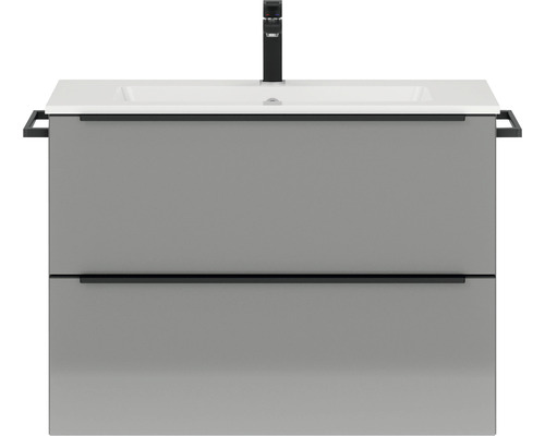 Badmöbel-Set NOBILIA Programm 1 46 BxHxT 81 x 59,1 x 48,7 cm Frontfarbe grau hochglanz mit Möbel-Waschtisch Griffleiste schwarz 046 Waschtischunterschrank mit zwei Schubladen, Waschtisch und Armatur