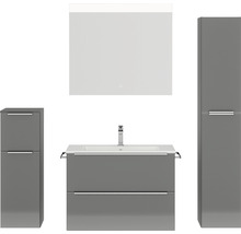 Badmöbel-Set NOBILIA Programm 1 BxHxT 160 x 169,1 x 48,7 cm Frontfarbe grau hochglanz mit Möbel-Waschtisch weiß und Spiegel mit LED-Beleuchtung Midischrank Unterschrank Griffleiste chrom matt 068