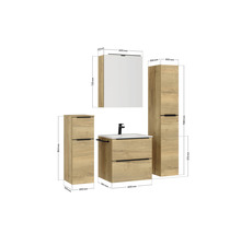 Badezimmermöbelset mit Waschtisch, Waschbecken, Spiegelschrank und Hochschränken mit Maßangaben