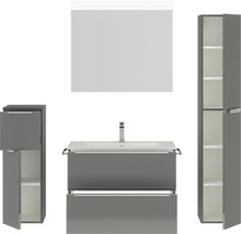 Graues Badezimmerset mit Waschtisch, Spiegelschrank und Hochschrank