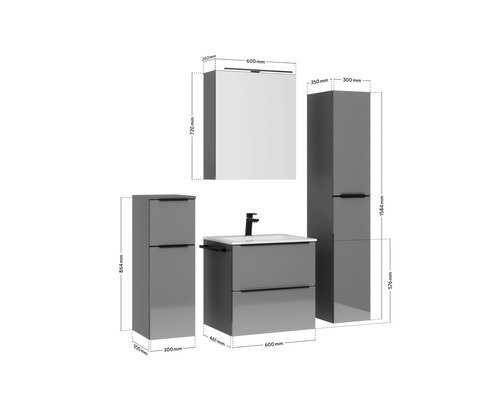 Badezimmermöbelset mit Waschtischunterschrank, Waschbecken, Spiegelschrank und Hochschrank mit Maßangaben