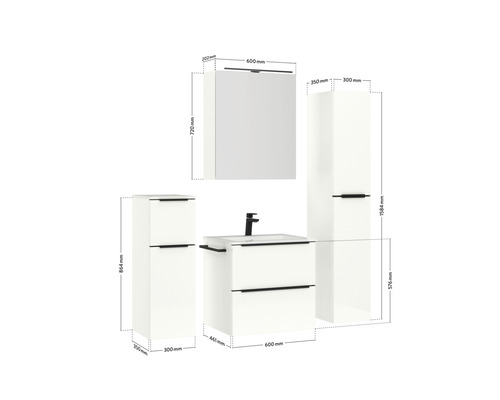 Badezimmer Möbelset mit Waschtisch, Spiegelschrank und Hochschränken mit Maßangaben