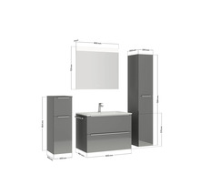 Badezimmermöbelset mit Waschtisch, Spiegelschrank und zwei Hochschränken mit Maßangaben