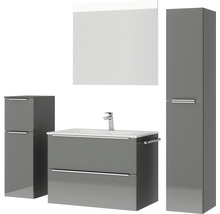 Badmöbel-Set NOBILIA Programm 1 BxHxT 160 x 169,1 x 48,7 cm Frontfarbe grau hochglanz mit Möbel-Waschtisch weiß und Spiegel mit LED-Beleuchtung Midischrank Unterschrank Griffleiste chrom matt 068