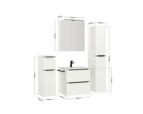 Abbildung eines Badezimmermöbel-Sets mit Waschtischunterschrank, Waschbecken, Spiegelschrank und Hochschrank mit Maßangaben