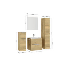 Abbildung eines Badezimmersets mit Waschtischunterschrank, Waschbecken, Spiegelschrank und zwei Hochschränken mit Maßangaben