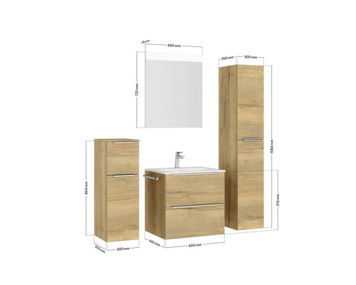 Image d''un ensemble de salle de bains avec meuble sous-vasque, lavabo, armoire de toilette et deux armoires hautes avec indications de dimensions