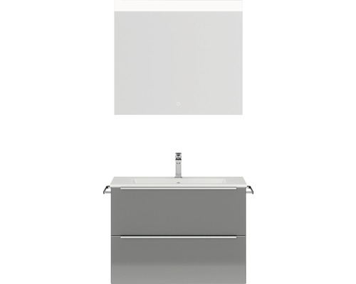 Badmöbel-Set NOBILIA Programm 1 BxHxT 81 x 169,1 x 48,7 cm Frontfarbe grau hochglanz mit Möbel-Waschtisch weiß und Spiegel mit LED-Beleuchtung Griffleiste chrom matt 052 Badezimmerset mit Waschtischunterschrank und Spiegel