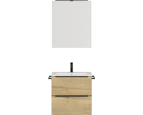 Set de meubles de salle de bains NOBILIA Programm 1 lxhxp 61 x 169,1 x 48,7 cm couleur de façade chêne naturel avec meuble à vasque et armoire de toilette à 1 porte avec éclairage LED barre de prise noir 024