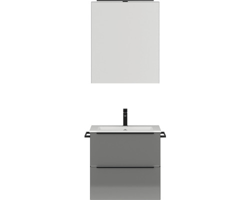 Set de meubles de salle de bains NOBILIA Programm 1 lxhxp 61 x 169,1 x 48,7 cm couleur de façade gris haute brillance avec vasque pour meuble et armoire de toilette à 1 porte avec éclairage LED barre de prise noir 022