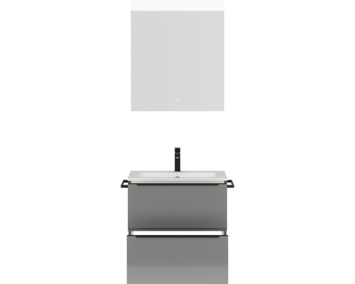 Set de meubles de salle de bains NOBILIA Programm 1 lxhxp 61 x 169,1 x 48,7 cm couleur de façade gris haute brillance avec meuble à vasque blanc et miroir avec éclairage LED barre de prise noir 014