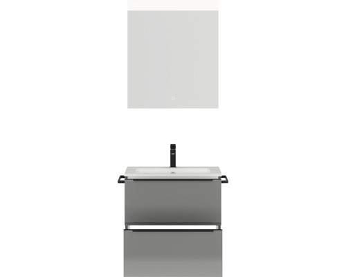Badmöbel-Set NOBILIA Programm 1 BxHxT 61 x 169,1 x 48,7 cm Frontfarbe grau hochglanz mit Möbel-Waschtisch weiß und Spiegel mit LED-Beleuchtung Griffleiste schwarz 014
