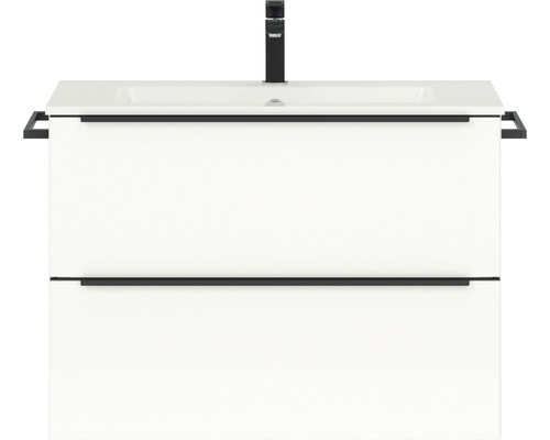 Badmöbel-Set NOBILIA Programm 1 44 BxHxT 81 x 59,1 x 48,7 cm Frontfarbe weiß hochglanz mit Möbel-Waschtisch Griffleiste schwarz 044 Waschtischunterschrank mit zwei Schubladen und Armatur