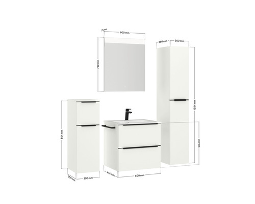 Ensemble de meubles de salle de bains avec lavabo, armoire de toilette et armoire haute avec dimensions