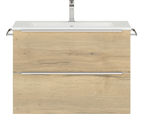 Badmöbel-Set NOBILIA Programm 1 BxHxT 81 x 59,1 x 48,7 cm Frontfarbe eiche natur mit Möbel-Waschtisch weiß Griffleiste chrom matt 047 Waschtischunterschrank mit zwei Schubladen und Waschbecken