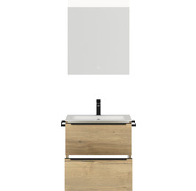 Badmöbel-Set NOBILIA Programm 1 BxHxT 61 x 169,1 x 48,7 cm Frontfarbe eiche natur mit Möbel-Waschtisch weiß und Spiegel mit LED-Beleuchtung Griffleiste schwarz 016