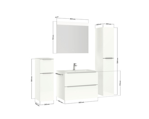 Waschtisch mit Unterschrank, Spiegelschrank und Hochschrank mit Maßangaben