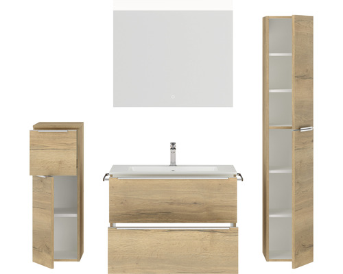 Ensemble de salle de bains avec lavabo, armoire de toilette et armoires hautes