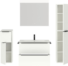 Badmöbel-Set NOBILIA Programm 1 BxHxT 160 x 169,1 x 48,7 cm Frontfarbe weiß hochglanz mit Möbel-Waschtisch weiß und Spiegel mit LED-Beleuchtung Midischrank Unterschrank Griffleiste schwarz 067