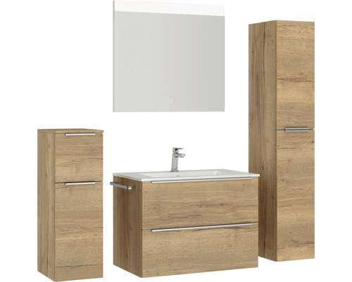 Ensemble de meubles de salle de bains avec meuble sous-lavabo, lavabo, armoire de toilette et armoires hautes