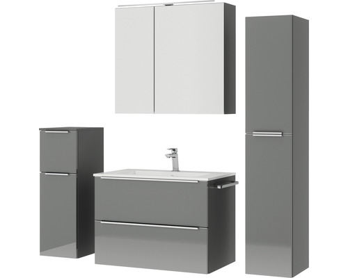 Modernes Badezimmer-Set mit Waschtisch, Waschbecken, Spiegelschrank und Hochschränken