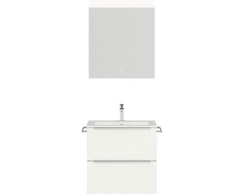 Set de meubles de salle de bains NOBILIA Programm 1 lxhxp 61 x 169,1 x 48,7 cm couleur de façade blanc mat avec vasque pour meuble blanc et miroir avec éclairage LED barre de prise chrome mat 009