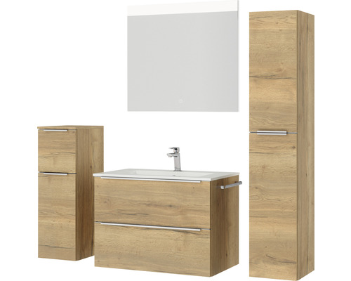 Ensemble de salle de bains avec lavabo, meuble sous-lavabo, armoire de toilette et armoire haute