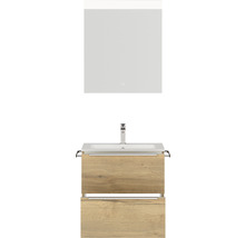 Badmöbel-Set NOBILIA Programm 1 BxHxT 61 x 169,1 x 48,7 cm Frontfarbe eiche natur mit Möbel-Waschtisch weiß und Spiegel mit LED-Beleuchtung Griffleiste chrom matt 015
