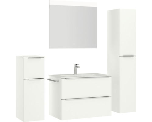 Ensemble de salle de bains avec lavabo, meuble sous-lavabo, armoire de toilette et armoires hautes