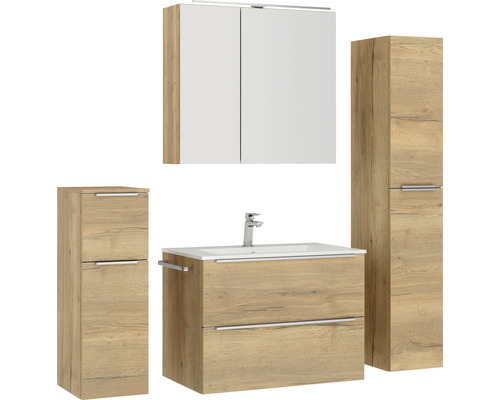 Ensemble de salle de bains avec meuble-lavabo, lavabo, armoire de toilette et armoires hautes