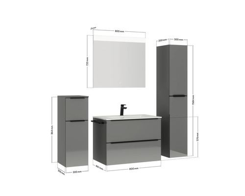 Badezimmer Set mit Waschtischunterschrank, Waschbecken, Spiegelschrank und zwei Hochschränken mit Maßangaben