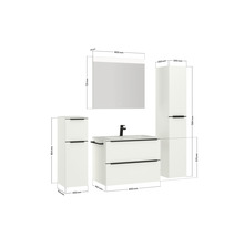 Waschtischset mit Waschbecken, Unterschrank, Spiegelschrank und Hochschränken mit Maßangaben