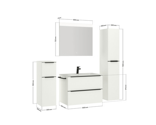 Ensemble de meubles-lavabos avec lavabo, meuble sous-lavabo, armoire de toilette et armoires hautes avec dimensions