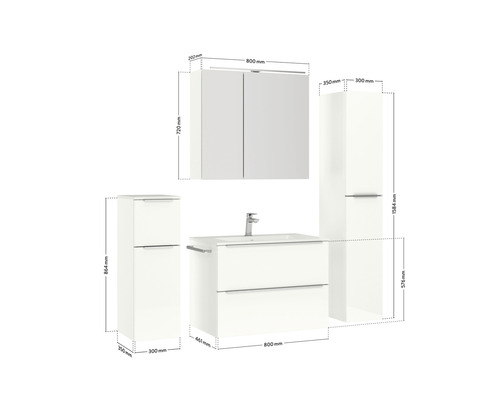 Waschbeckenunterschrank mit zwei Schubladen, Waschtisch, Spiegelschrank und zwei Hochschränken mit Maßangaben.