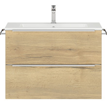 Badmöbel-Set NOBILIA Programm 1 BxHxT 81 x 169,1 x 48,7 cm Frontfarbe eiche natur mit Möbel-Waschtisch weiß und Spiegel mit LED-Beleuchtung Griffleiste chrom matt 054