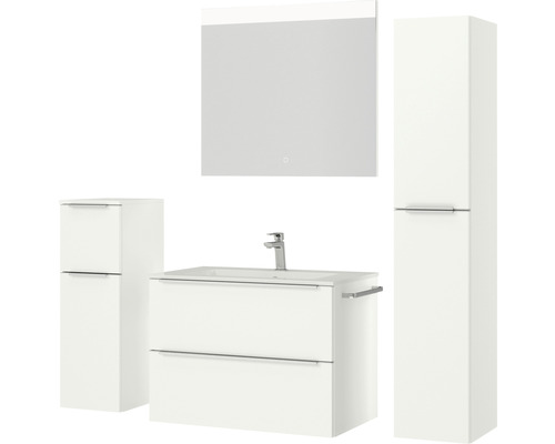 Ensemble de salle de bains avec lavabo, armoire de toilette et armoire haute