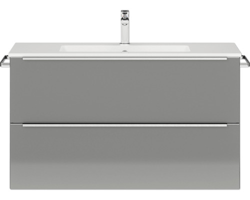 Set de meubles de salle de bains NOBILIA Programm 1 lxhxp 101 x 59,1 x 48,7 cm couleur de façade gris haute brillance avec vasque pour meuble barre de prise chrome mat 084