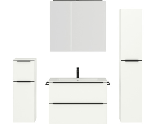 Set de meubles de salle de bains NOBILIA Programm 1 lxhxp 160 x 169,1 x 48,7 cm couleur de façade blanc mat avec vasque pour meuble et armoire de toilette à 2 portes avec éclairage LED meuble bas armoire midi barre de prise noir 073