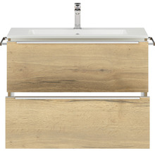 Badmöbel-Set NOBILIA Programm 1 BxHxT 81 x 169,1 x 48,7 cm Frontfarbe eiche natur mit Möbel-Waschtisch weiß und Spiegel mit LED-Beleuchtung Griffleiste chrom matt 054