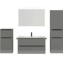 Badmöbel-Set NOBILIA Programm 1 BxHxT 210 x 169,1 x 48,7 cm Frontfarbe grau hochglanz mit Möbel-Waschtisch weiß und Spiegel mit LED-Beleuchtung Midischrank Unterschrank Griffleiste schwarz 109