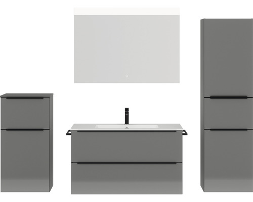 Set de meubles de salle de bains NOBILIA Programm 1 lxhxp 210 x 169,1 x 48,7 cm couleur de façade gris haut brillance avec vasque pour meuble blanc et miroir avec éclairage LED armoire midi meuble bas barre de prise noir 109