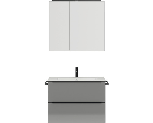 Set de meubles de salle de bains NOBILIA Programm 1 lxhxp 81 x 169,1 x 48,7 cm couleur de façade gris haute brillance avec vasque pour meuble et armoire de toilette à 2 porte avec éclairage LED barre de prise noir 061