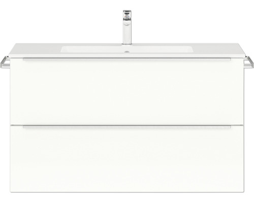 Set de meubles de salle de bains NOBILIA Programm 1 lxhxp 101 x 59,1 x 48,7 cm couleur de façade blanc haute brillance avec meuble à vasque barre de prise chrome mat 082