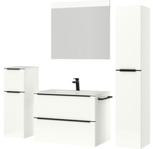 Badmöbel-Set NOBILIA Programm 1 BxHxT 160 x 169,1 x 48,7 cm Frontfarbe weiß hochglanz mit Möbel-Waschtisch weiß und Spiegel mit LED-Beleuchtung Midischrank Unterschrank Griffleiste schwarz 067
