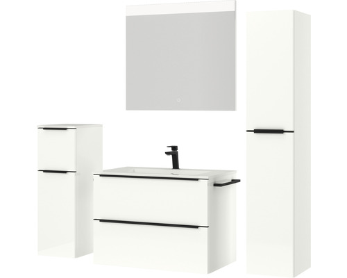 Ensemble de salle de bains avec meuble-lavabo, armoire de toilette et deux armoires hautes