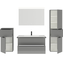 Badmöbel-Set NOBILIA Programm 1 BxHxT 210 x 169,1 x 48,7 cm Frontfarbe grau hochglanz mit Möbel-Waschtisch weiß und Spiegel mit LED-Beleuchtung Midischrank Unterschrank Griffleiste schwarz 109